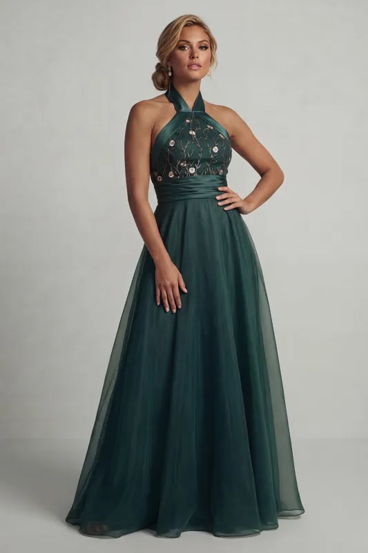Halter A Line Long Dark Green Mother of the Bride Dress made by Zapaka
