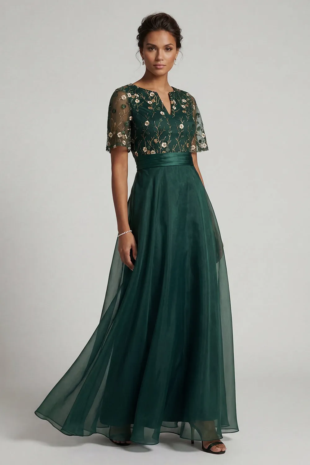 Dark Green A Line Short Sleeves Mother of the Bride Dress with Embroidery sold by Zapaka product image thumbnail 3