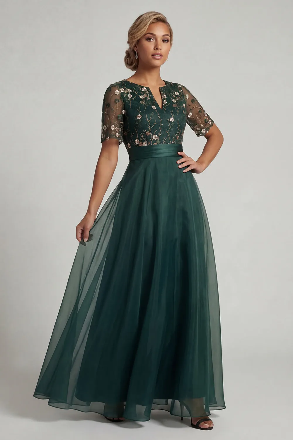 Dark Green A Line Short Sleeves Mother of the Bride Dress with Embroidery sold by Zapaka