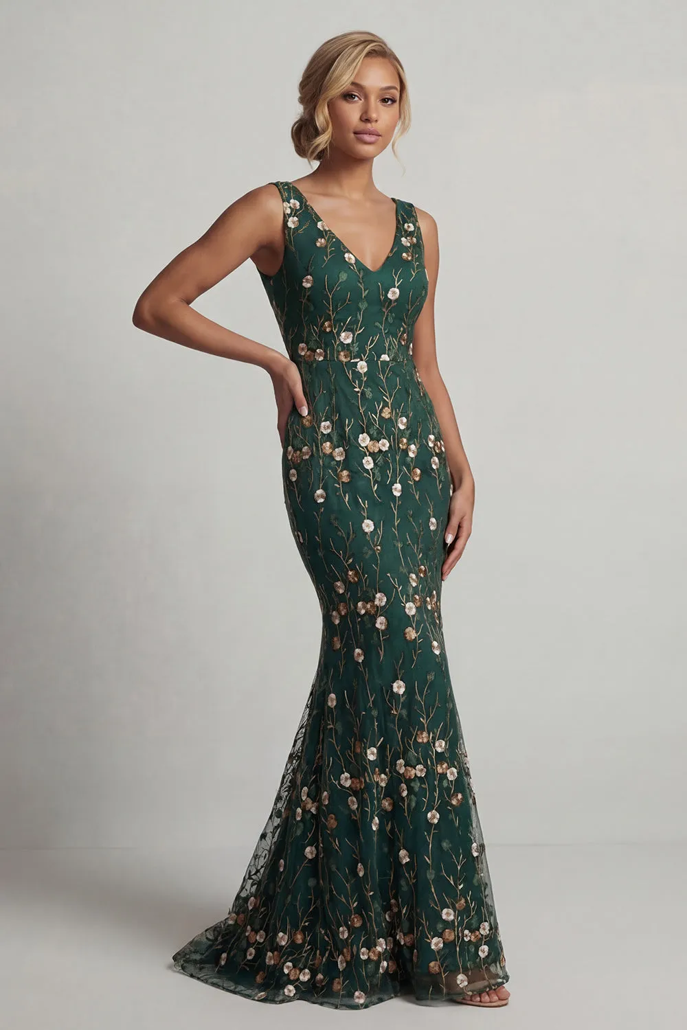 Dark Green Embroidered Mermaid V-Neck Long Mother of the Bride Dress sold by Zapaka