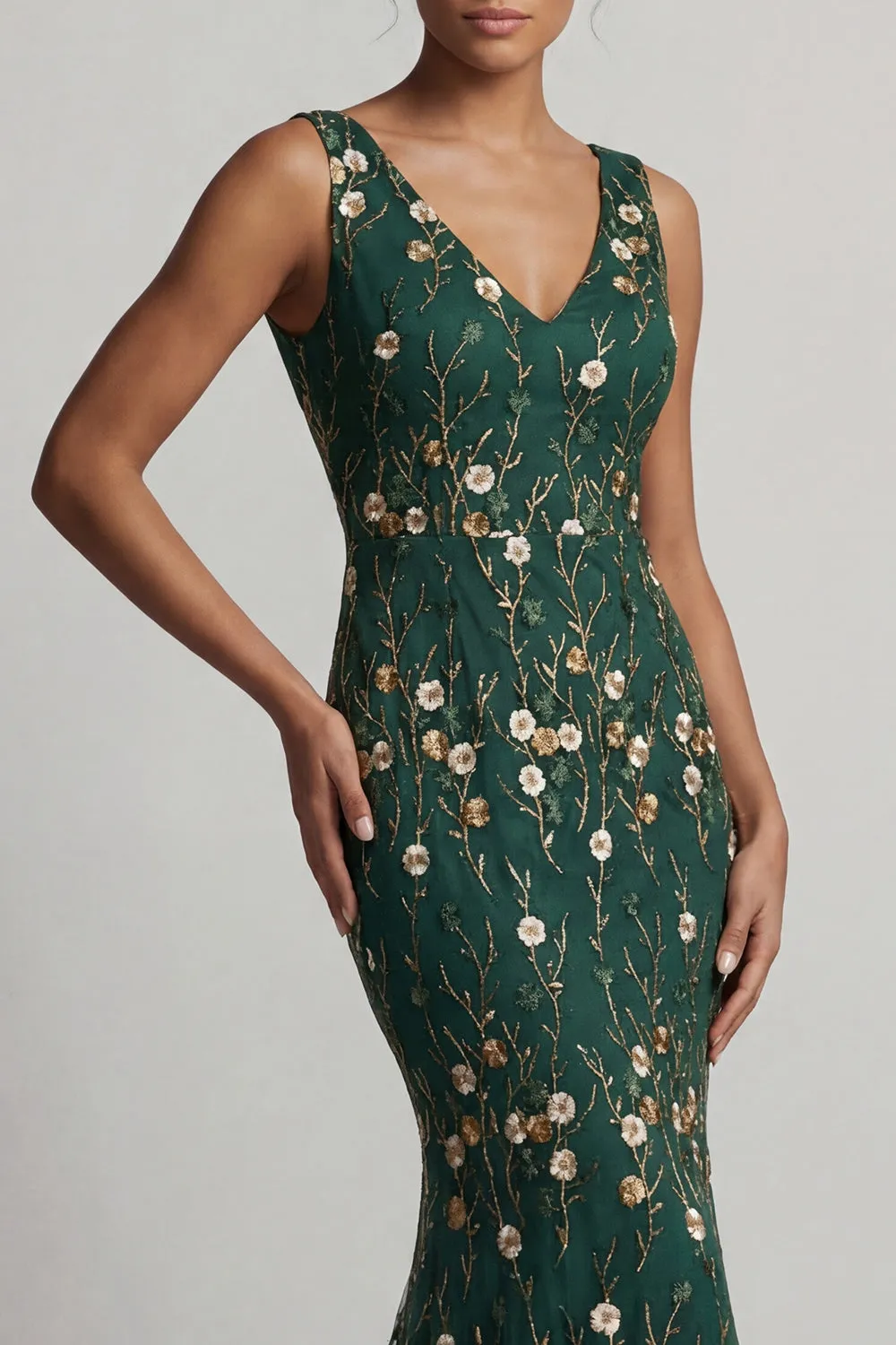 Dark Green Embroidered Mermaid V-Neck Long Mother of the Bride Dress sold by Zapaka product image thumbnail 4