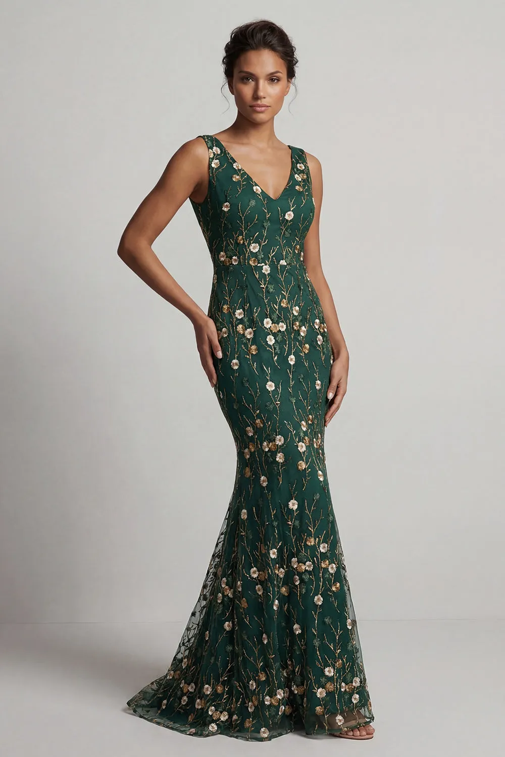 Dark Green Embroidered Mermaid V-Neck Long Mother of the Bride Dress sold by Zapaka product image thumbnail 3