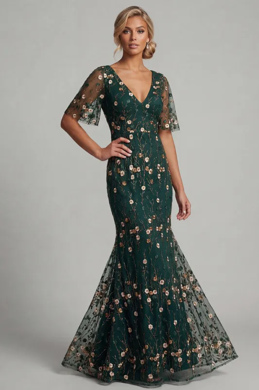 Dark Green Mermaid Embroidered Long Mother of the Bride Dress with Short Sleeves made by Zapaka