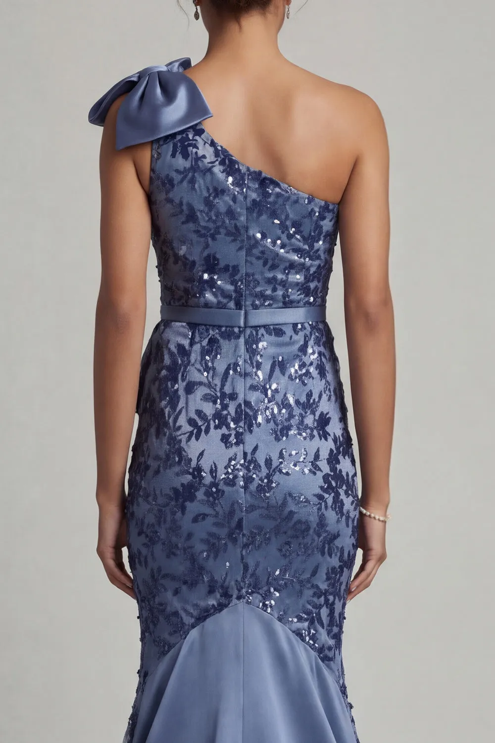 Navy One Shoulder Mermaid Sequin Long Mother of the Bride Dress with Bow sold by Zapaka product image thumbnail 5