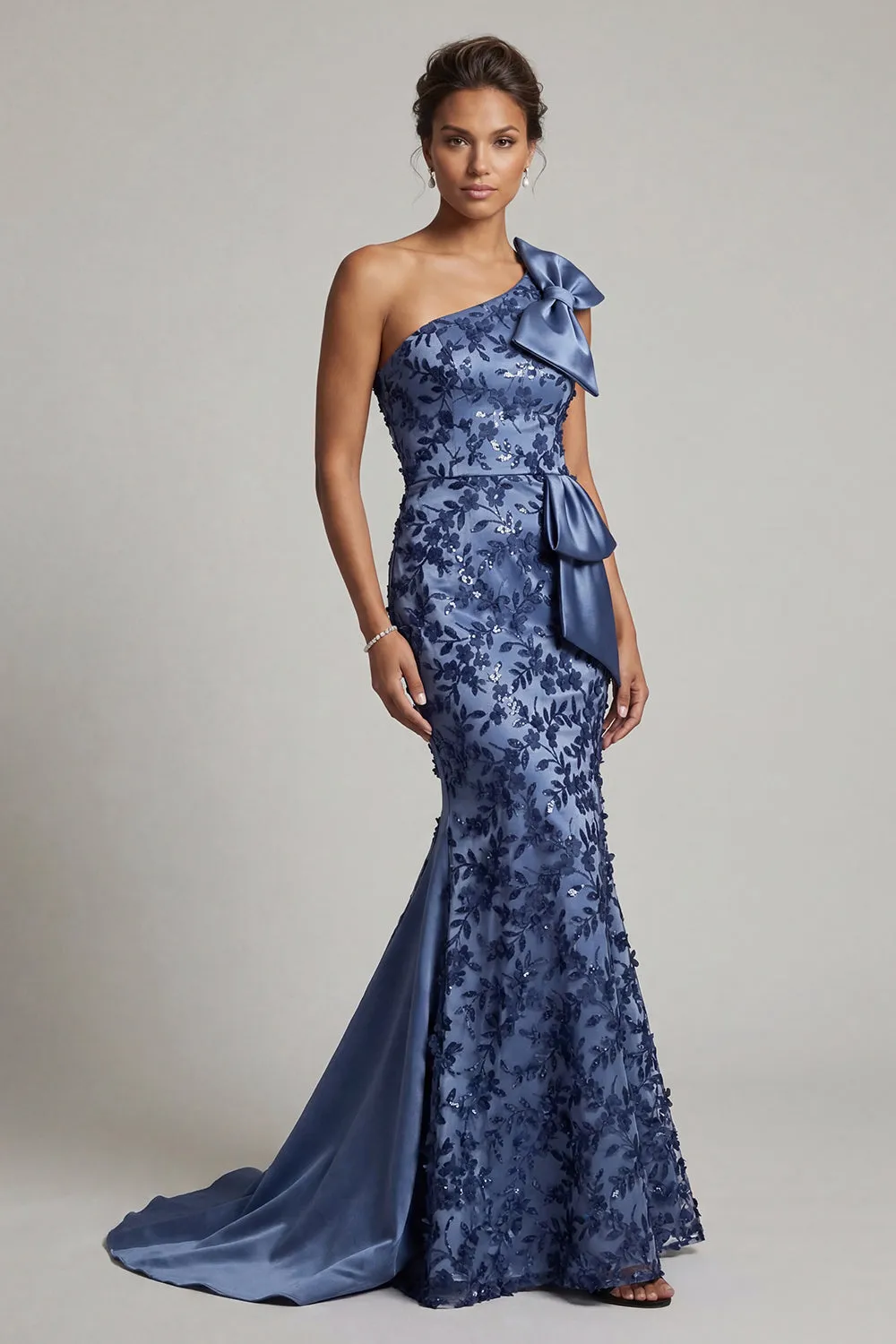 Navy One Shoulder Mermaid Sequin Long Mother of the Bride Dress with Bow sold by Zapaka product image thumbnail 3