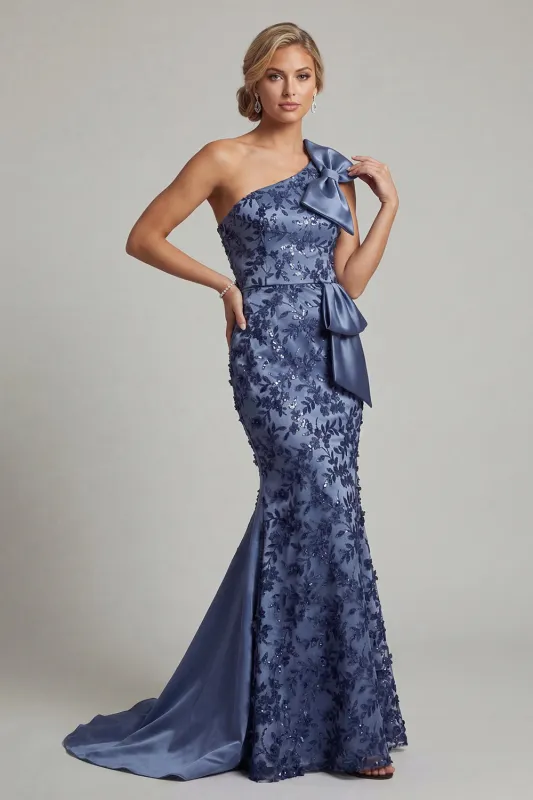 Navy One Shoulder Mermaid Sequin Long Mother of the Bride Dress with Bow made by Zapaka