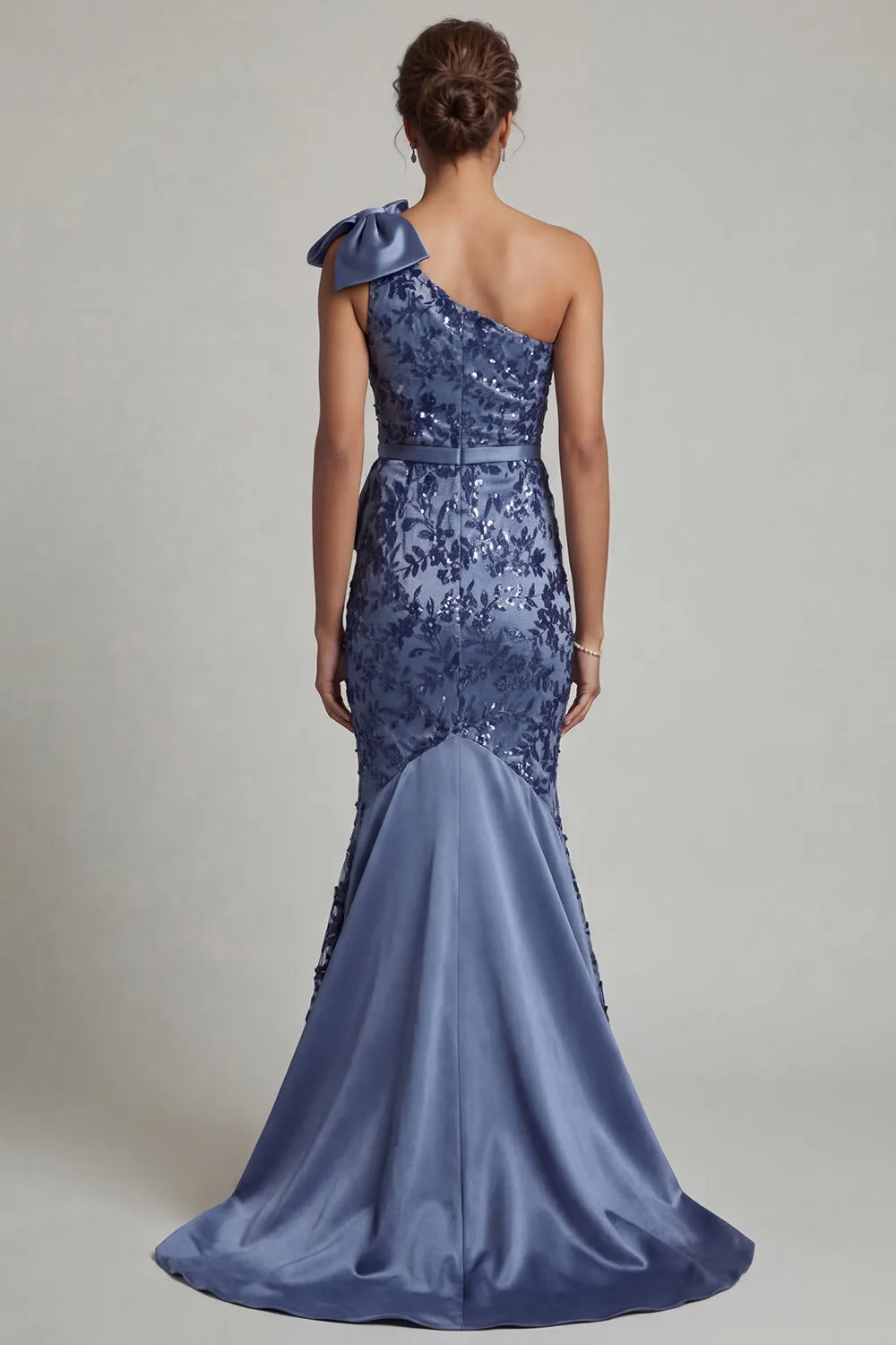 Navy One Shoulder Mermaid Sequin Long Mother of the Bride Dress with Bow sold by Zapaka product image thumbnail 2
