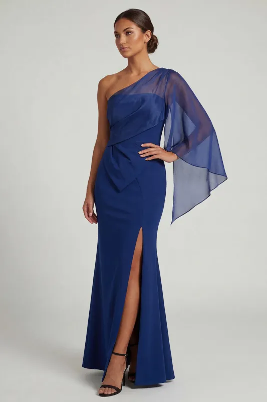 Dark Blue One Shoulder Mermaid Long Mother of the Bride Dress with Slit made by Zapaka