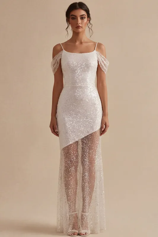 Sparkly White Sheath Cold Shoulder Long Bridal Shower with Sequins made by Zapaka