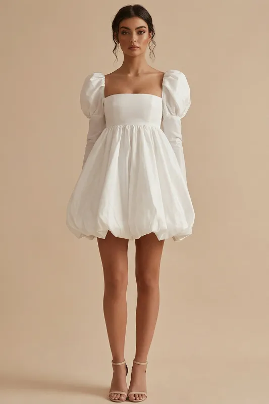 White A-Line Square Neck Long Sleeves Graduation Dress made by Zapaka