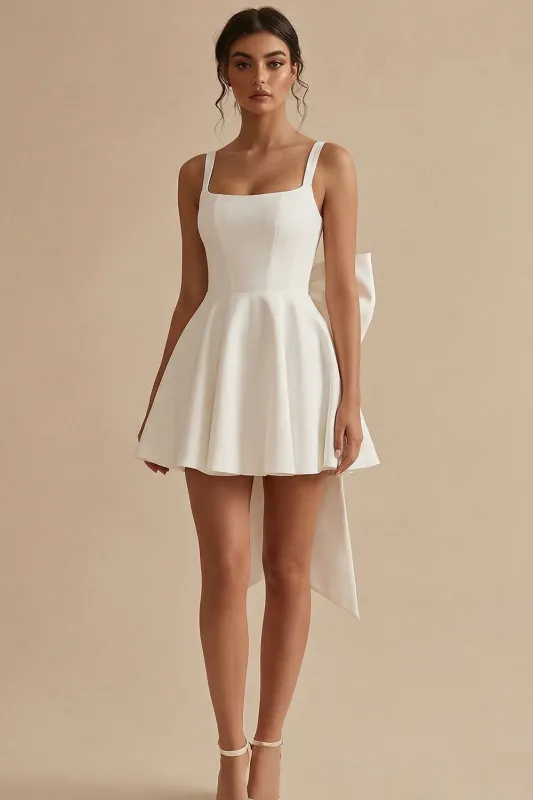 Satin A-Line Square Neck Little White Dress with Large Bow made by Zapaka