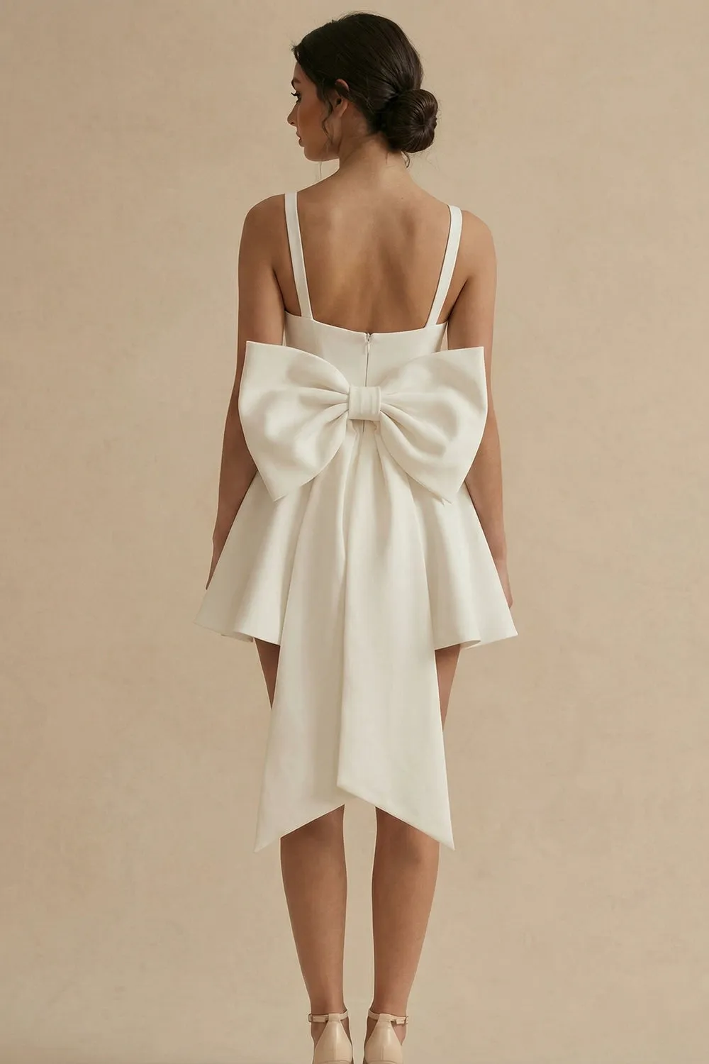 Satin A-Line Square Neck Little White Dress with Large Bow sold by Zapaka product image thumbnail 2