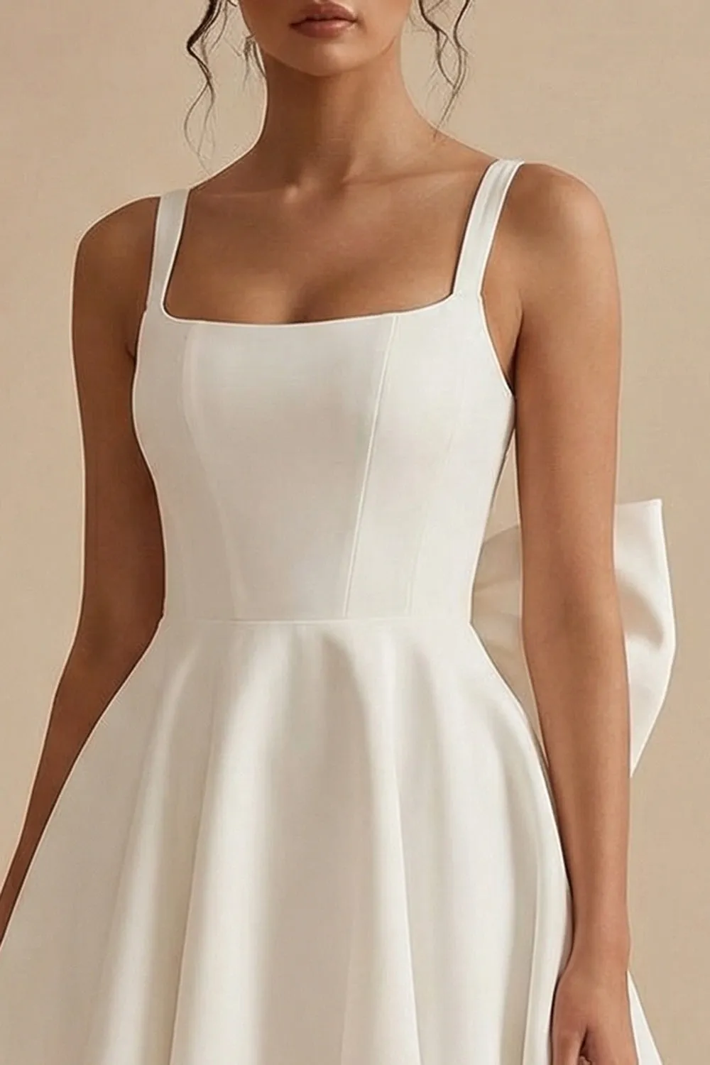 Satin A-Line Square Neck Little White Dress with Large Bow sold by Zapaka product image thumbnail 3