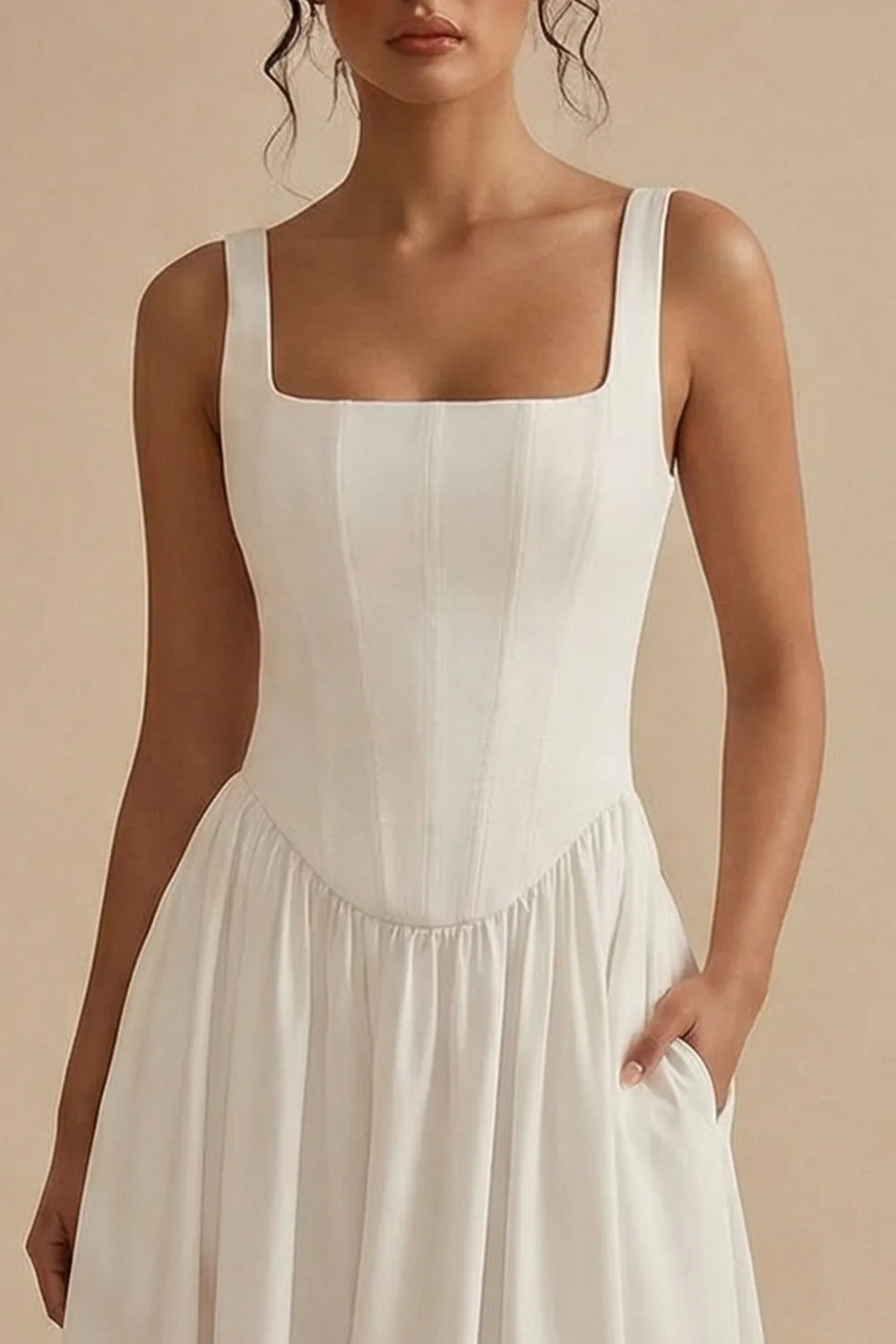 White Square Neck A-Line Corset Long Rehearsal Dinner Dress with Pockets sold by Zapaka product image thumbnail 3