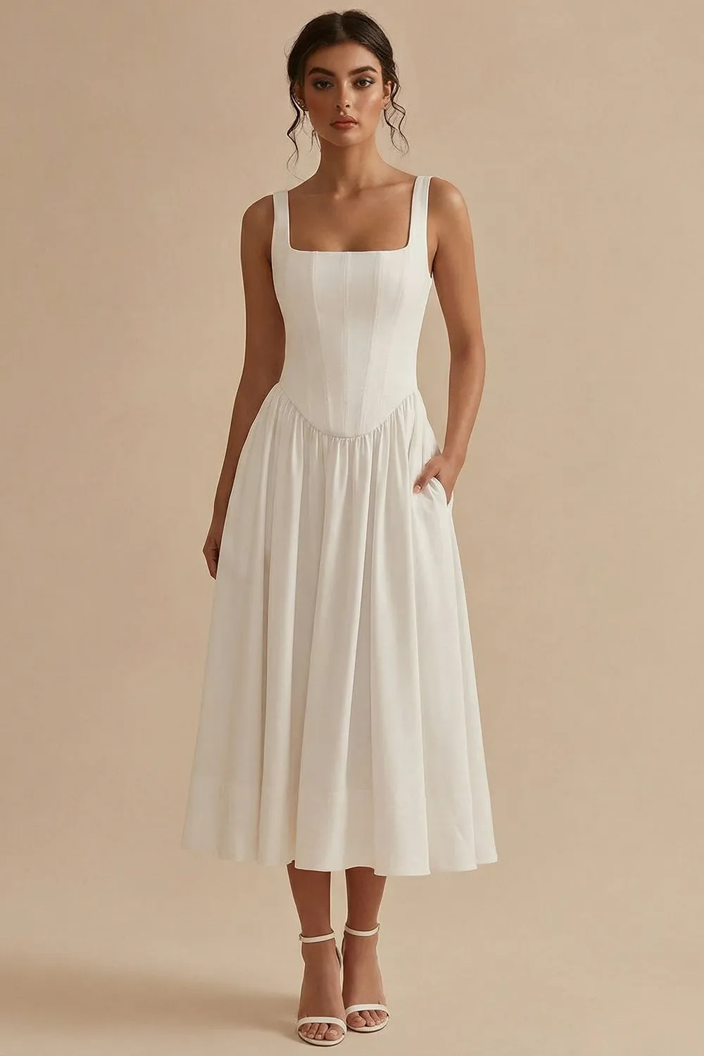 White Square Neck A-Line Corset Long Rehearsal Dinner Dress with Pockets sold by Zapaka