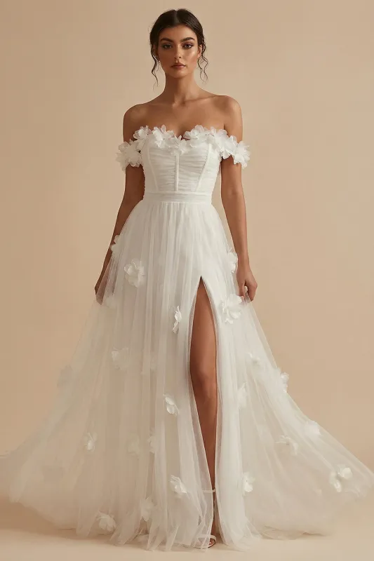 Off the Shoulder White A-Line Corset Engagement Dress with Slit made by Zapaka