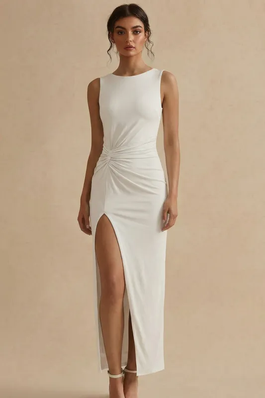 White Sheath Ruched Bateau Neck Long Engagement Dress with Slit sold by Zapaka
