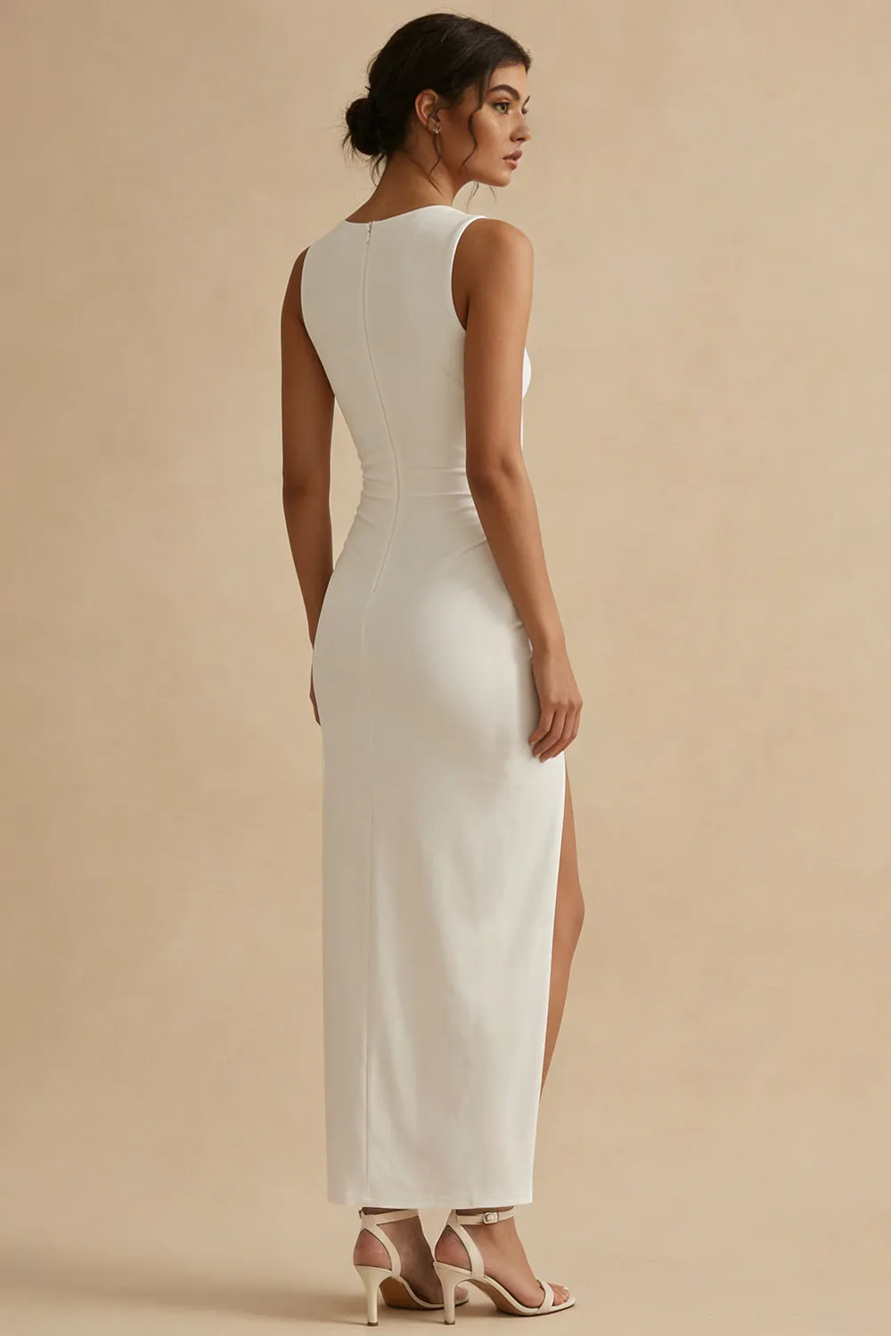 White Sheath Ruched Bateau Neck Long Engagement Dress with Slit sold by Zapaka product image thumbnail 2