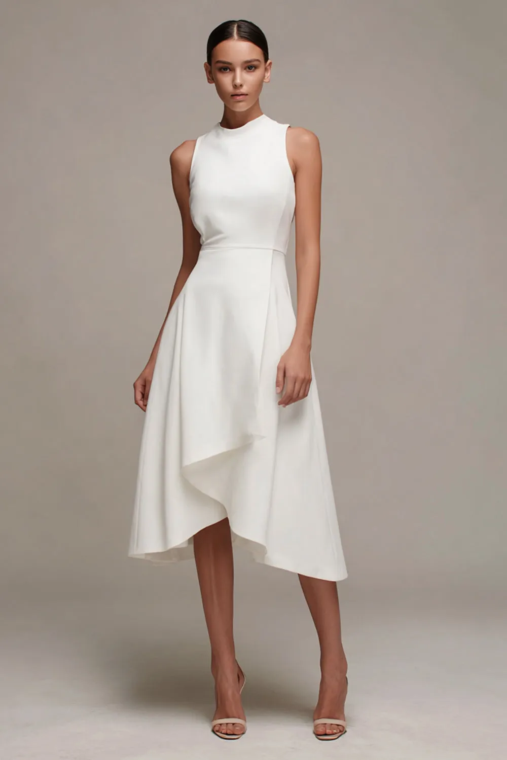 White A-Line Ruffled Midi Engagment Dress sold by Zapaka