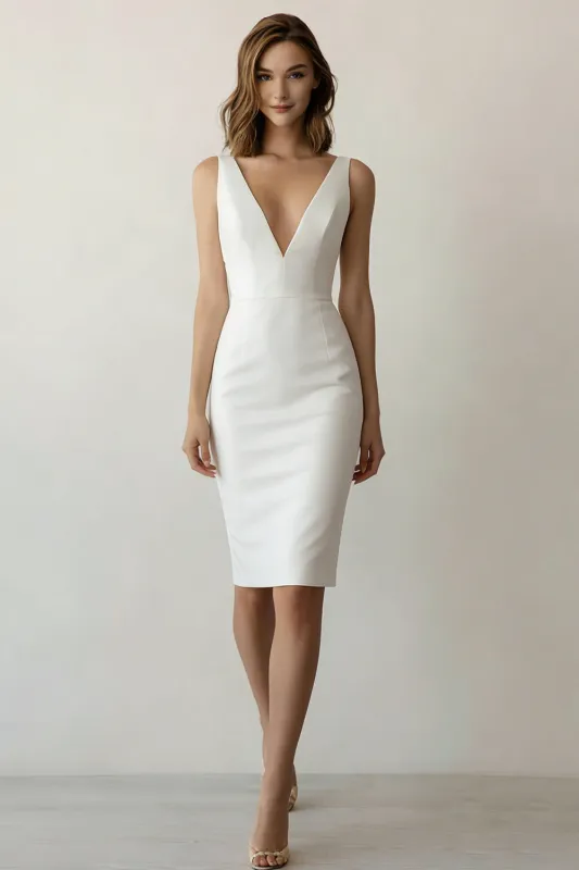 White Bodycon V-Neck Midi Satin Rehearsal Dinner Dress made by Zapaka