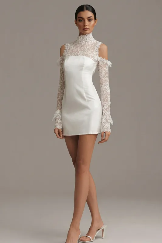 Bodycon High Neck Little White Dress with Lace Long Sleeves made by Zapaka