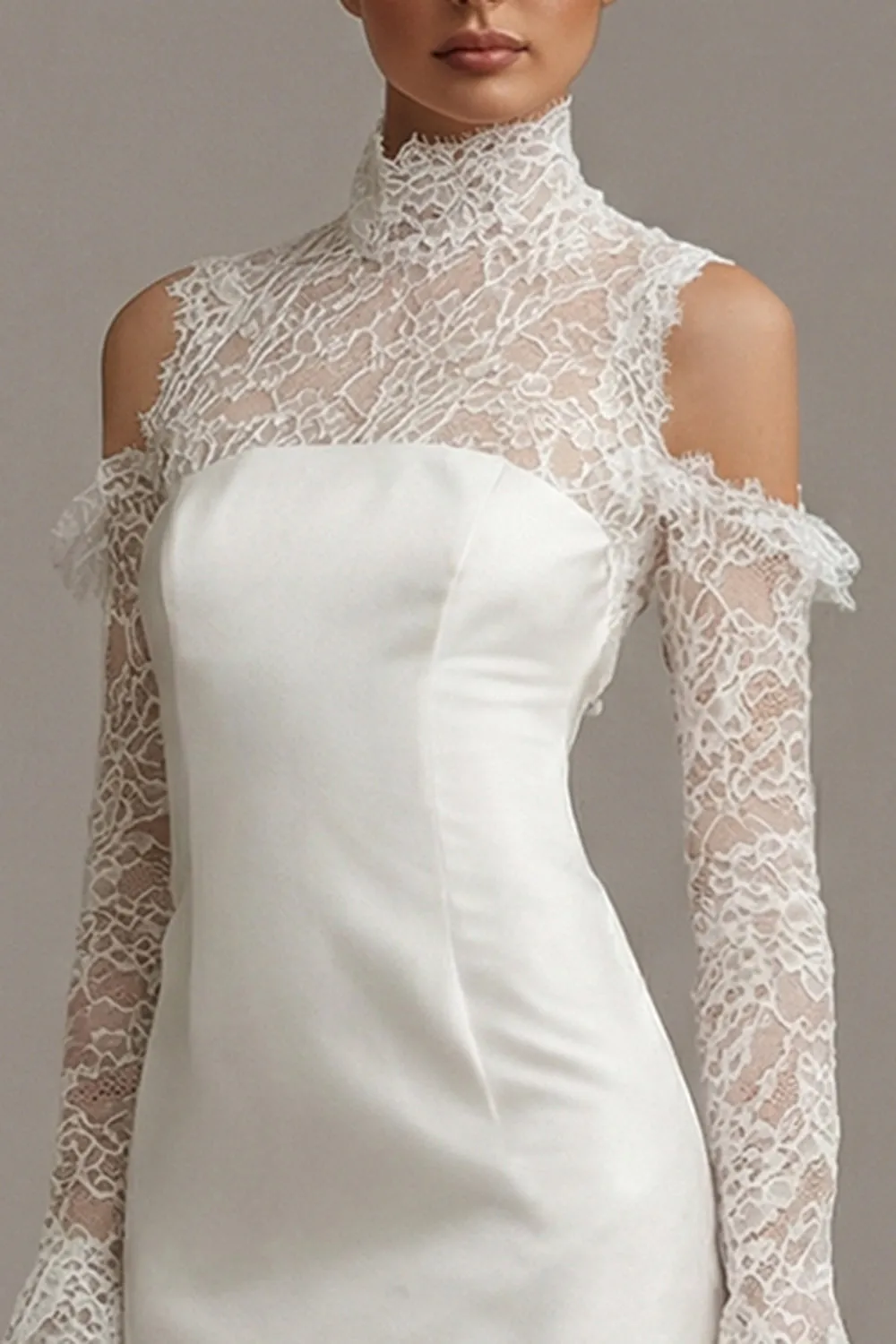 Bodycon High Neck Little White Dress with Lace Long Sleeves sold by Zapaka product image thumbnail 3
