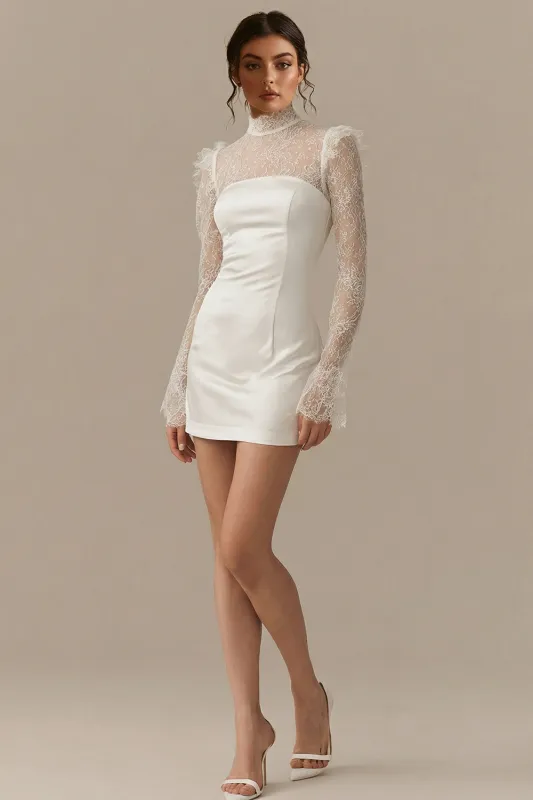 Lace Bodycon High Neck Little White Dress with Long Sleeves made by Zapaka