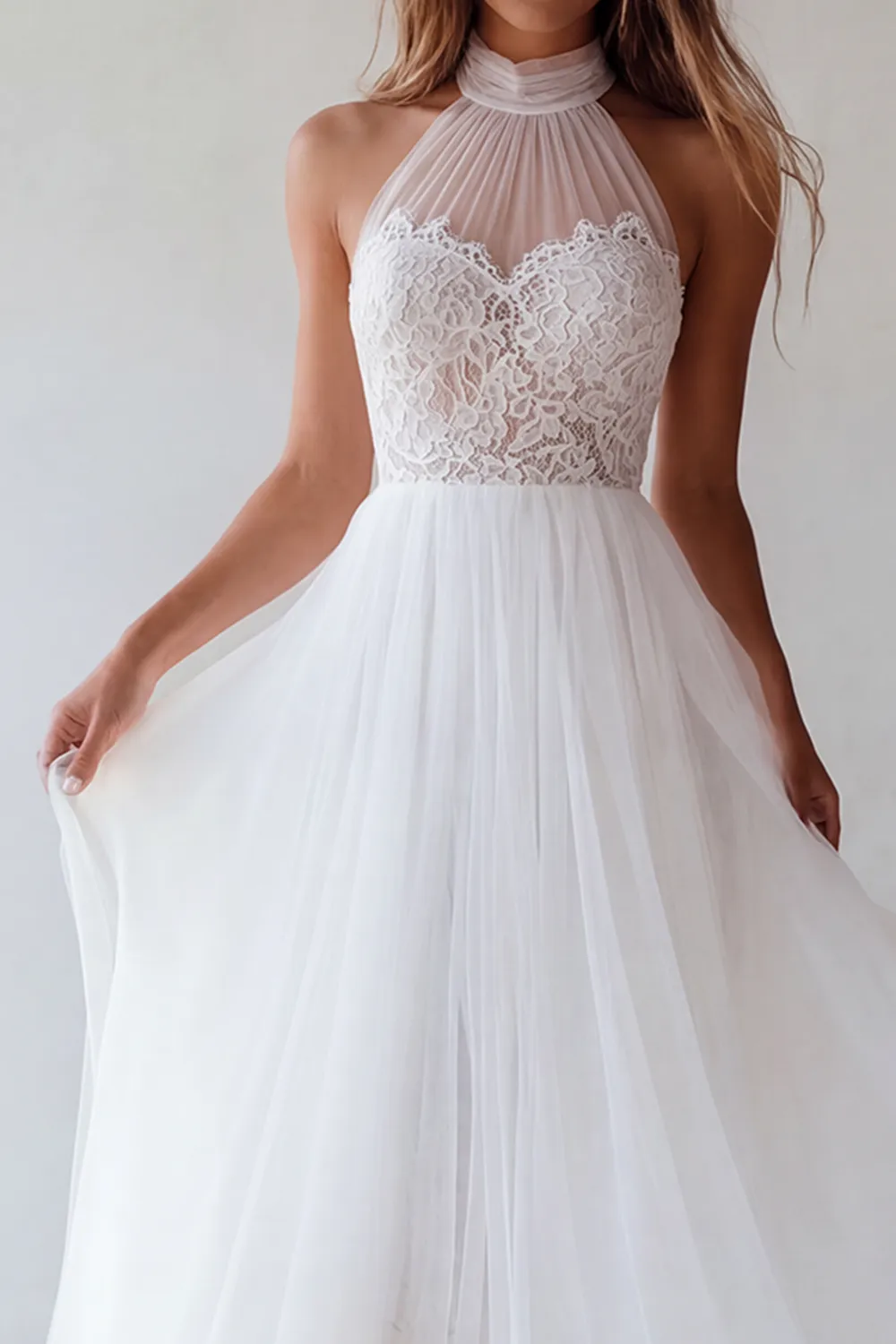 White Halter A-Line Cut Out Ruched Tulle Engagement Dress with Lace sold by Zapaka product image thumbnail 3
