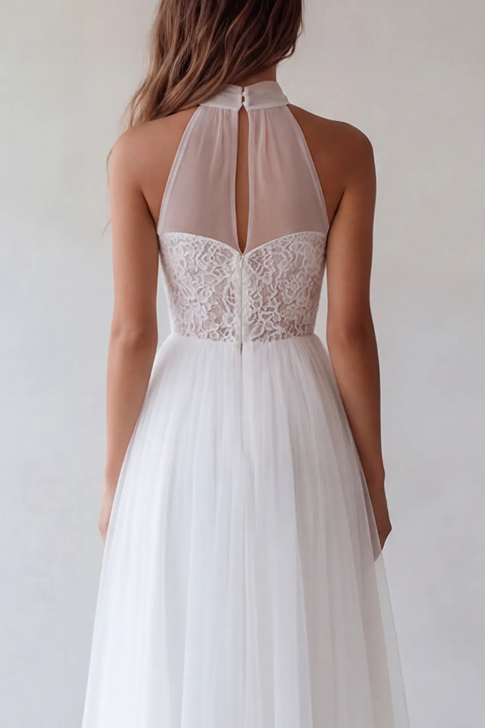 White Halter A-Line Cut Out Ruched Tulle Engagement Dress with Lace sold by Zapaka product image thumbnail 4