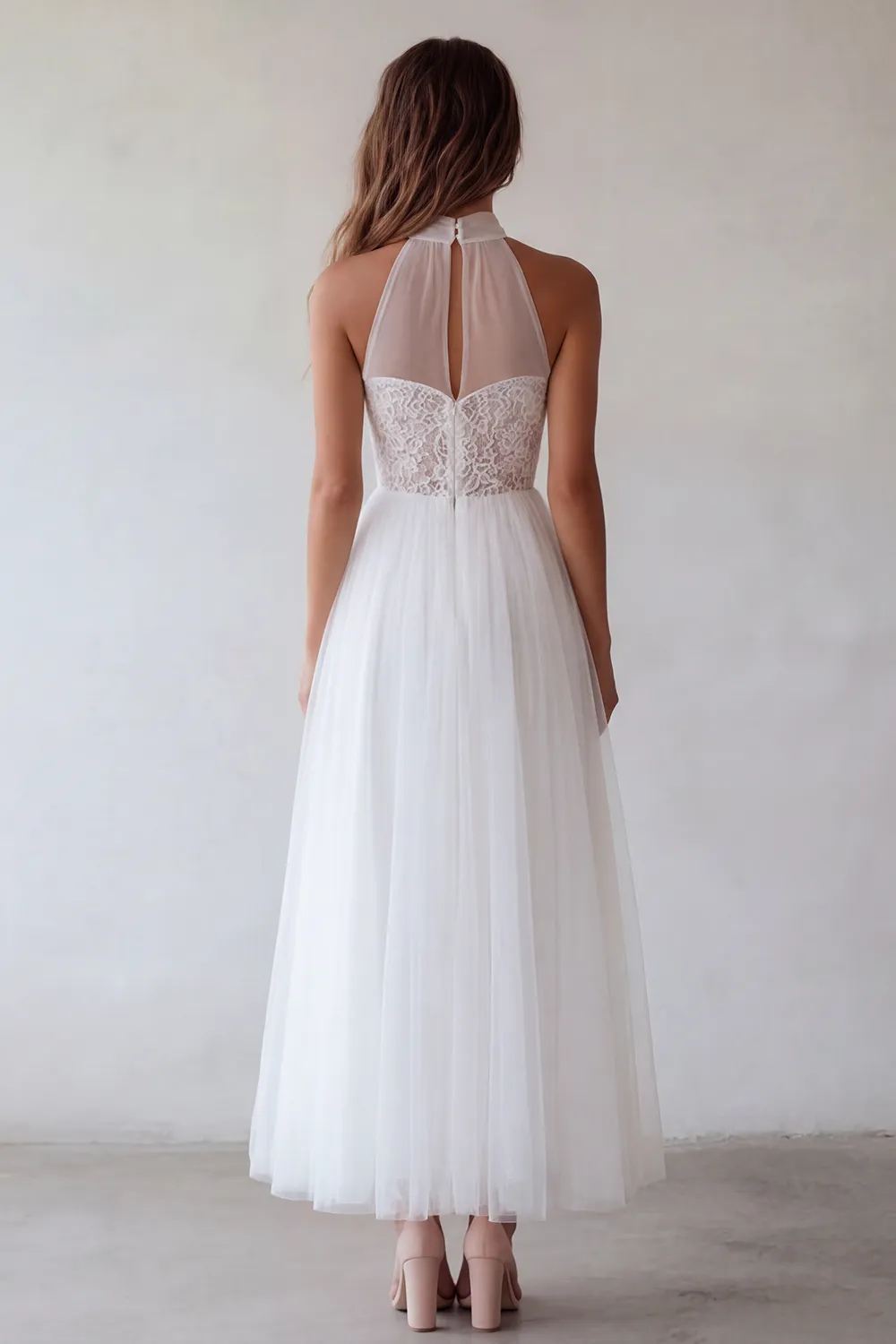 White Halter A-Line Cut Out Ruched Tulle Engagement Dress with Lace sold by Zapaka product image thumbnail 2