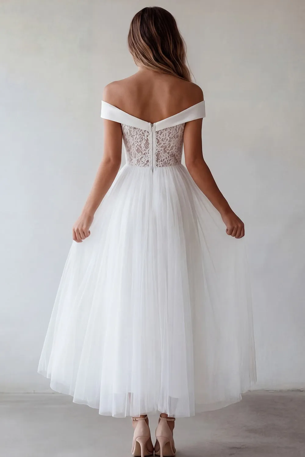 Off the Shoulder White Tulle A-Line Long Graduation Dress with Lace sold by Zapaka product image thumbnail 2