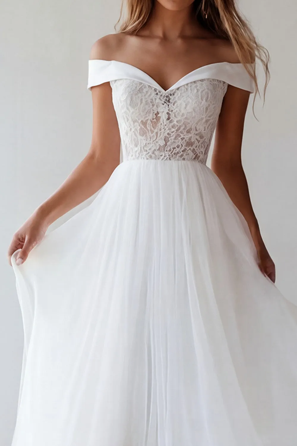 Off the Shoulder White Tulle A-Line Long Graduation Dress with Lace sold by Zapaka product image thumbnail 3