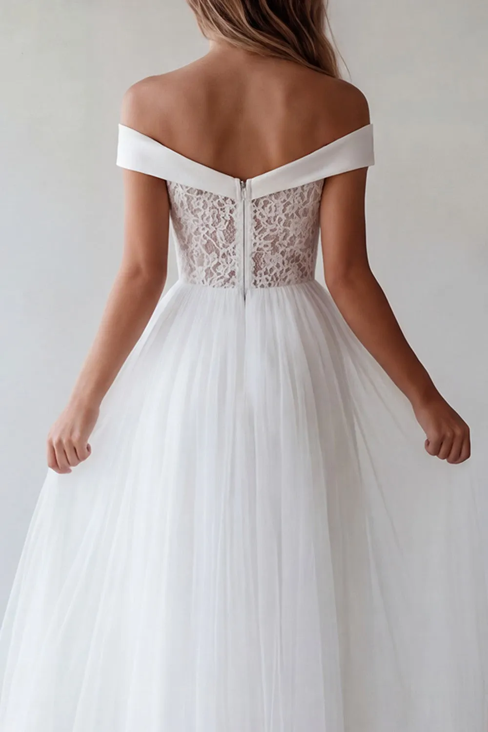 Off the Shoulder White Tulle A-Line Long Graduation Dress with Lace sold by Zapaka product image thumbnail 4