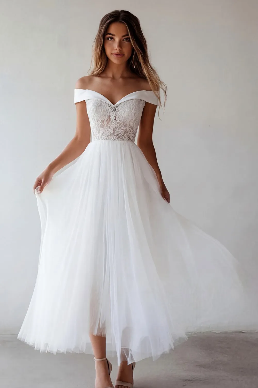Off the Shoulder White Tulle A-Line Long Graduation Dress with Lace sold by Zapaka