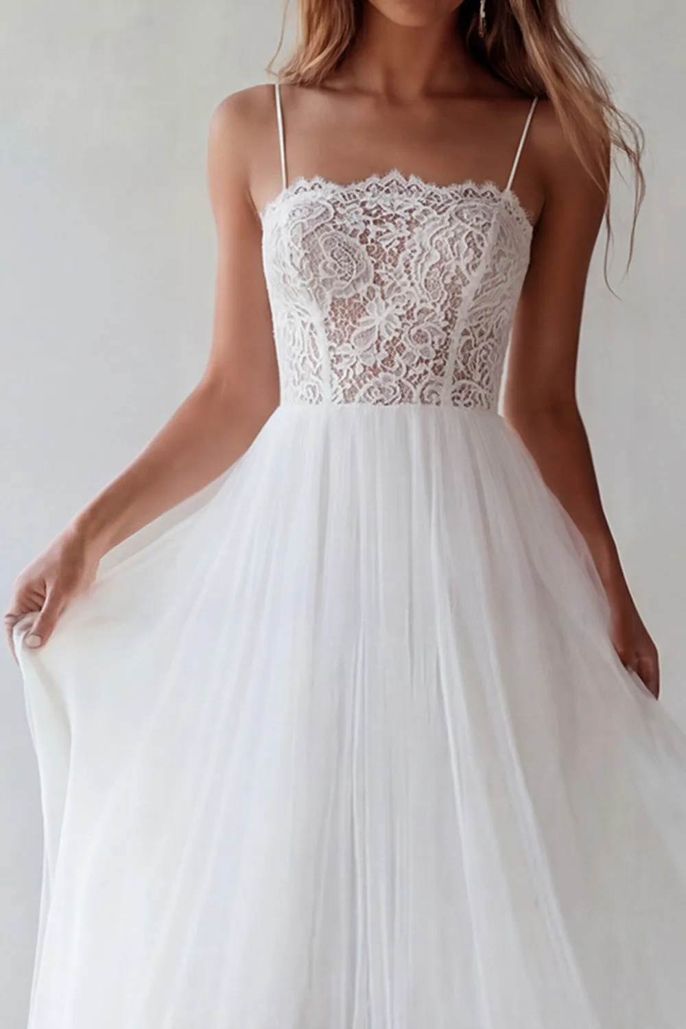 White Tulle A-Line Spaghetti Straps Engagement Dress with Lace sold by Zapaka product image thumbnail 3
