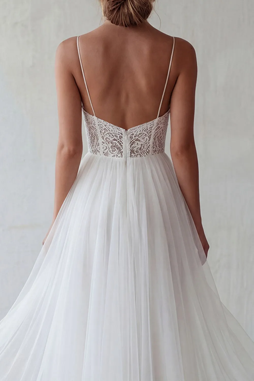 White Tulle A-Line Spaghetti Straps Engagement Dress with Lace sold by Zapaka product image thumbnail 4