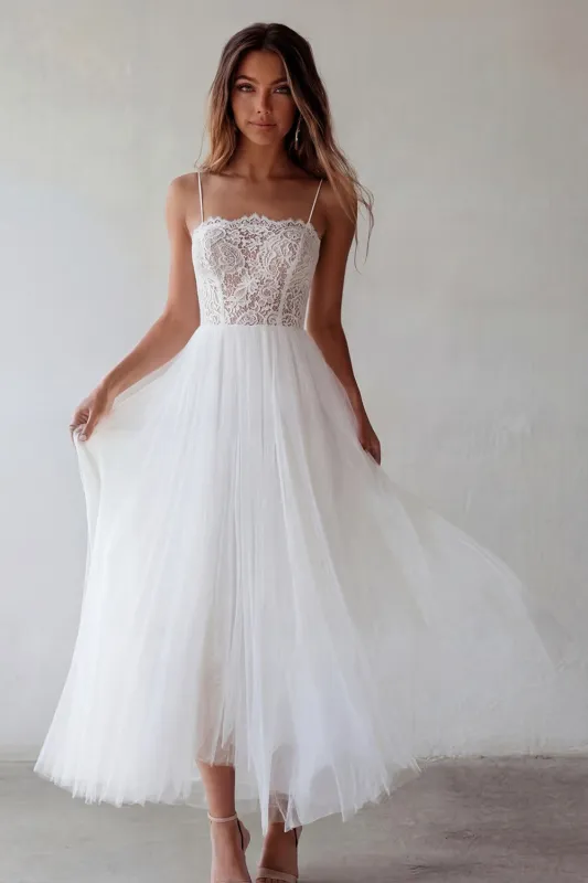 White Tulle A-Line Spaghetti Straps Engagement Dress with Lace made by Zapaka