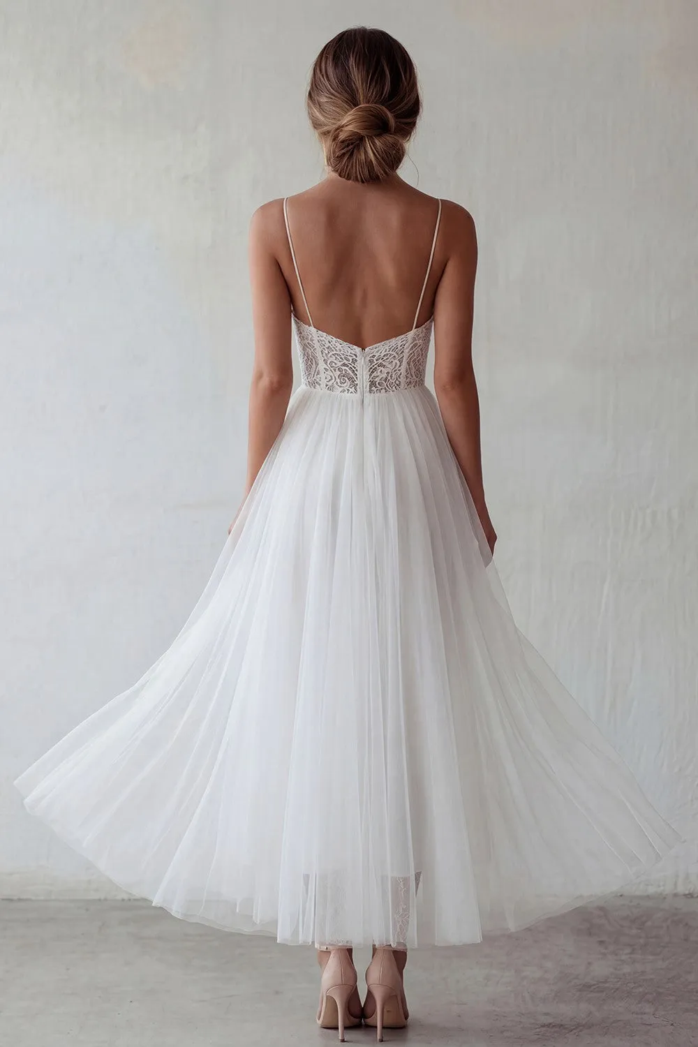 White Tulle A-Line Spaghetti Straps Engagement Dress with Lace sold by Zapaka product image thumbnail 2
