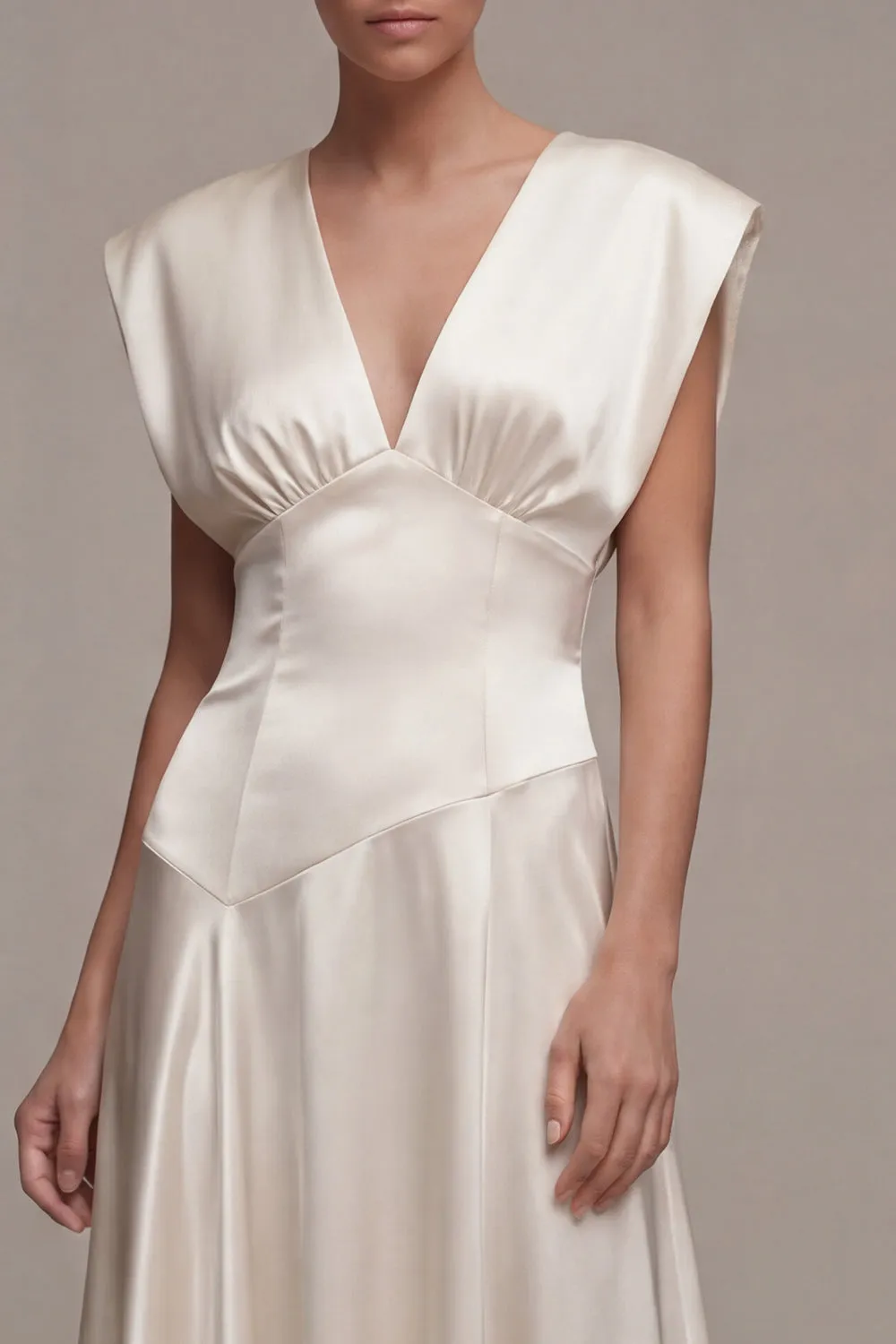 Ivory A-Line Satin V-Neck Ruched Long Engagement Dress sold by Zapaka product image thumbnail 3