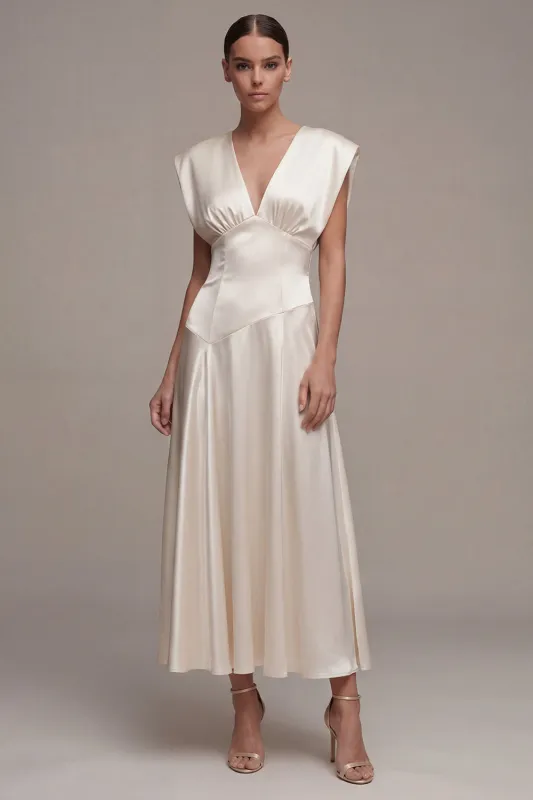 Ivory A-Line Satin V-Neck Ruched Long Engagement Dress sold by Zapaka