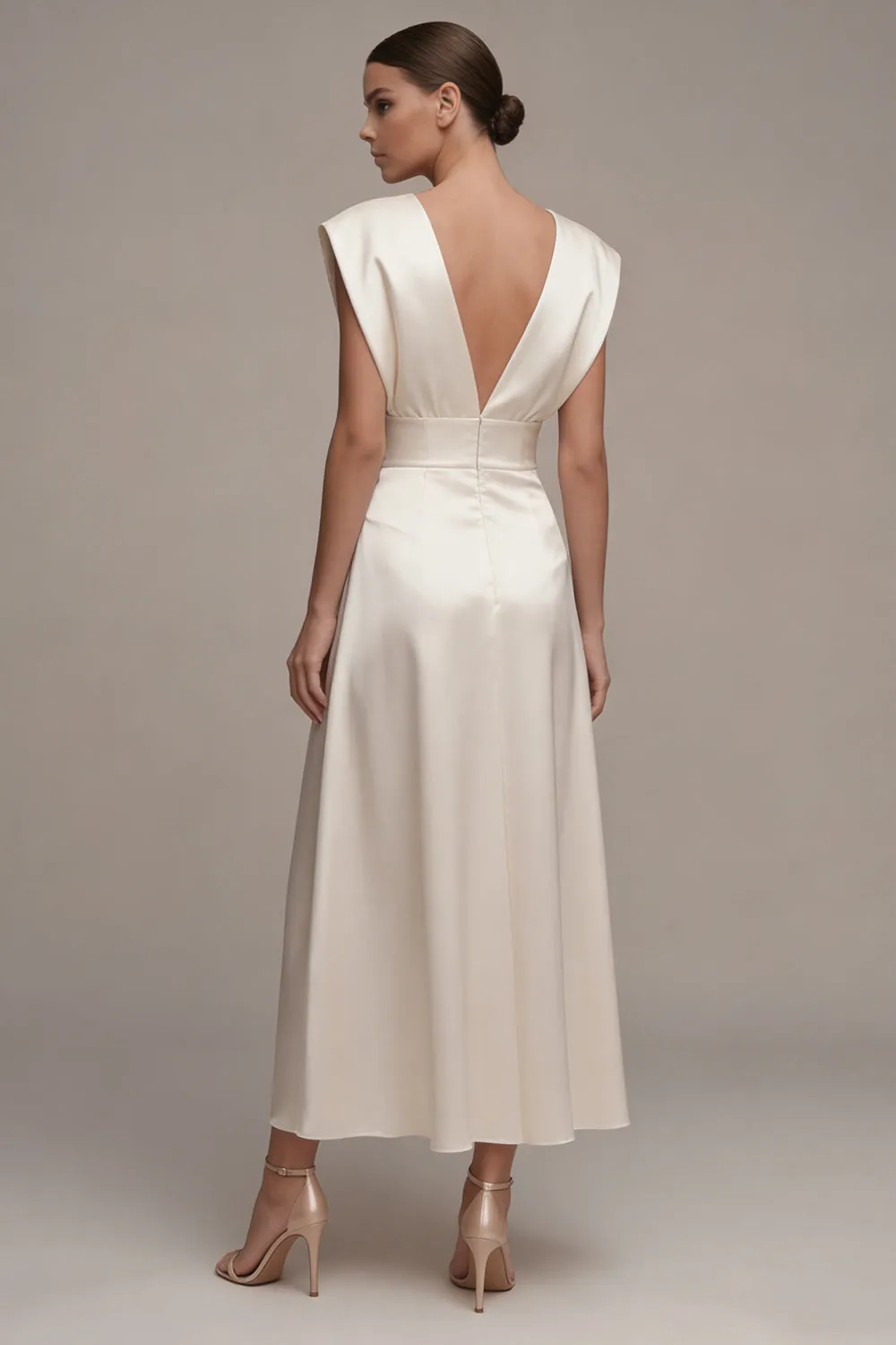Ivory A-Line Satin V-Neck Ruched Long Engagement Dress sold by Zapaka product image thumbnail 2