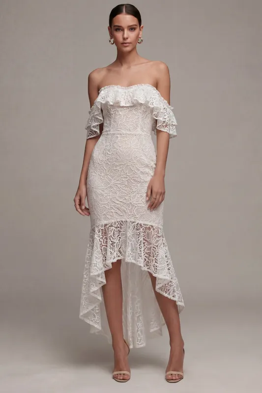 Off the Shoulder Lace Boho High-Low Engagement Dress with Ruffles made by Zapaka