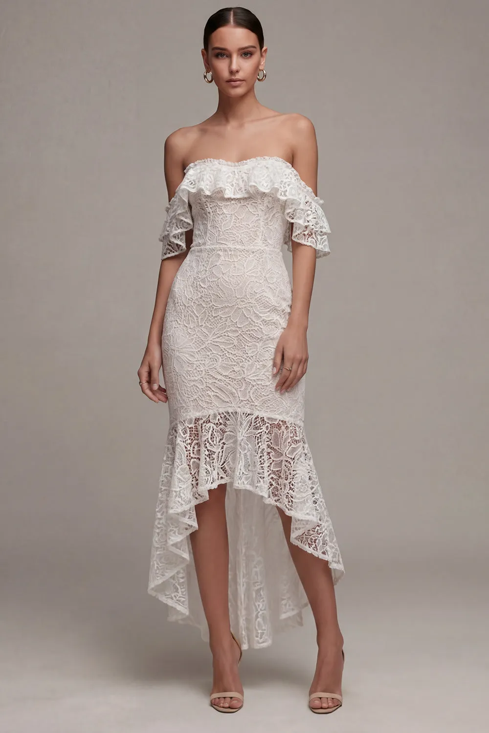 Off the Shoulder Lace Boho High-Low Engagement Dress with Ruffles sold by Zapaka
