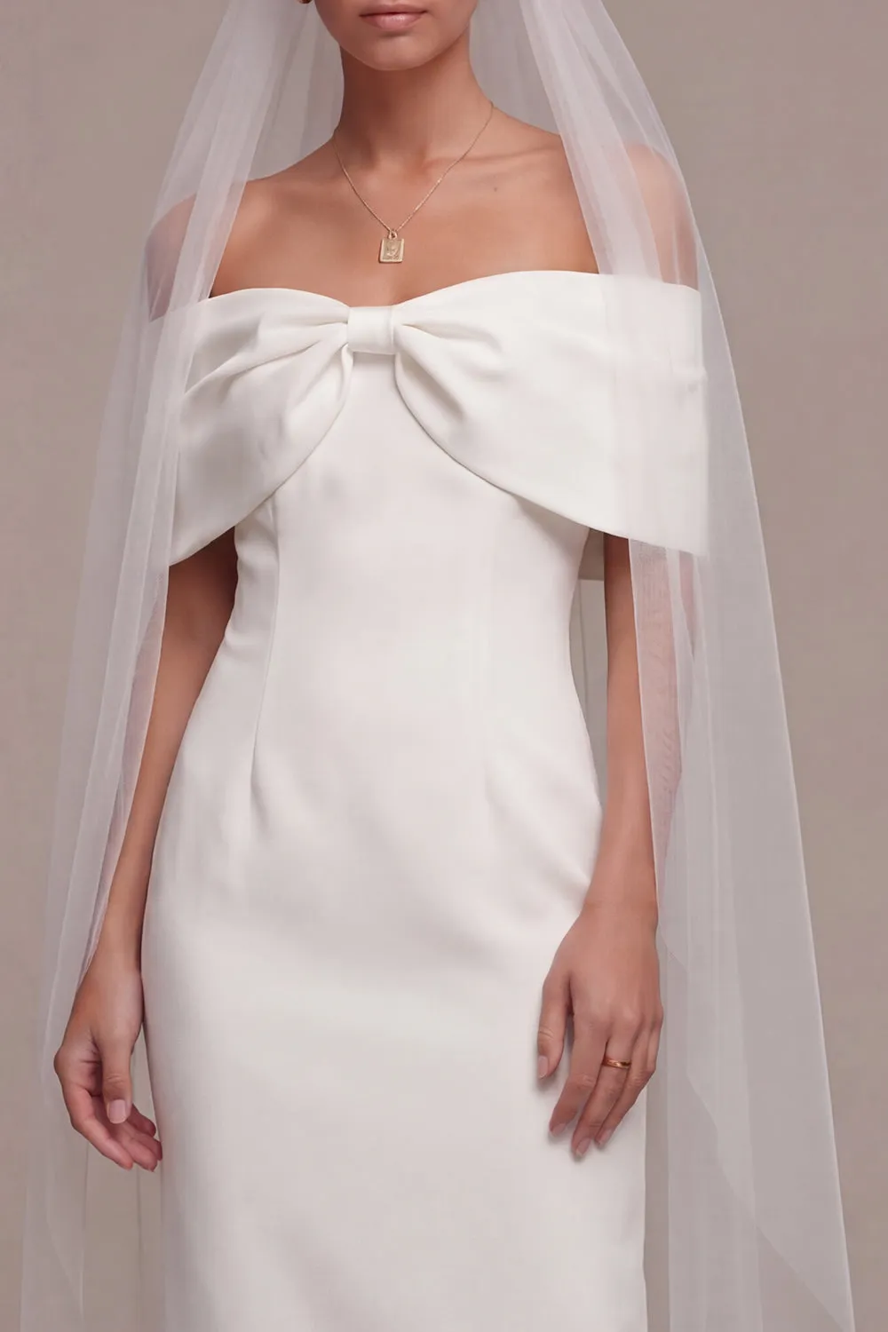White Off the Shoulder Sheath Midi Wedding Dress with Bow sold by Zapaka product image thumbnail 3