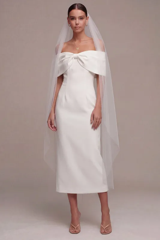 White Off the Shoulder Sheath Midi Wedding Dress with Bow made by Zapaka