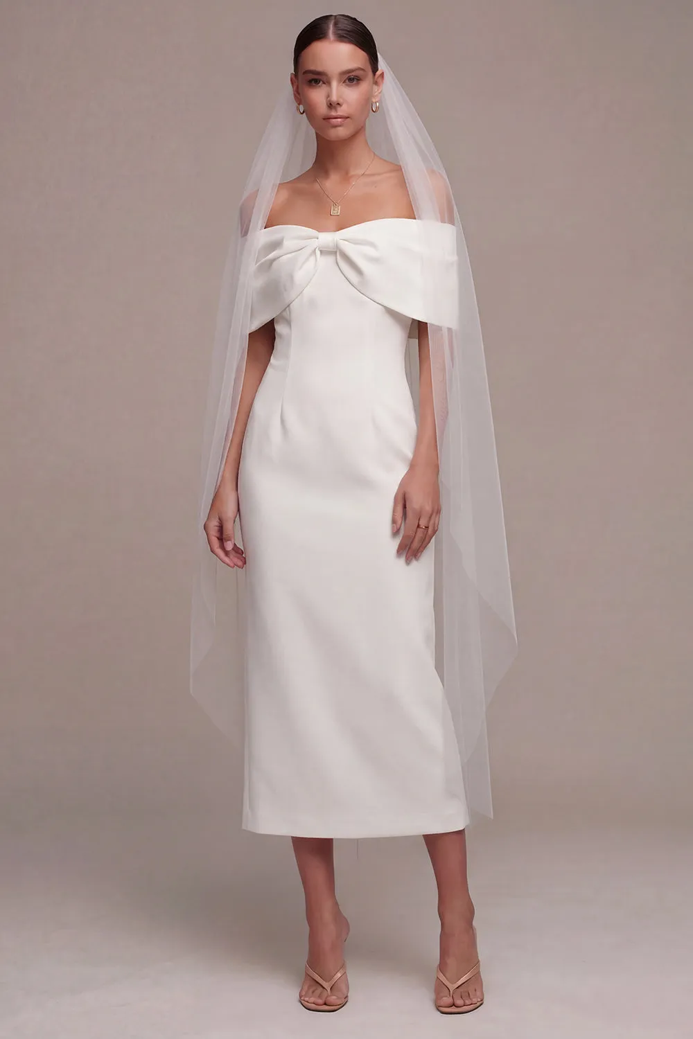 White Off the Shoulder Sheath Midi Wedding Dress with Bow sold by Zapaka