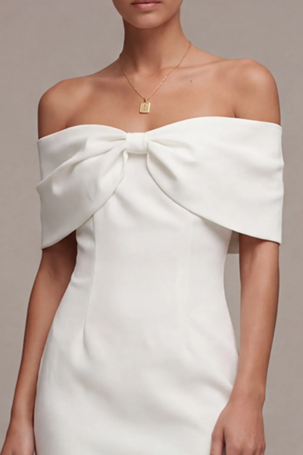 White Off the Shoulder Bodycon Short Wedding Dress with Bow sold by Zapaka product image thumbnail 4
