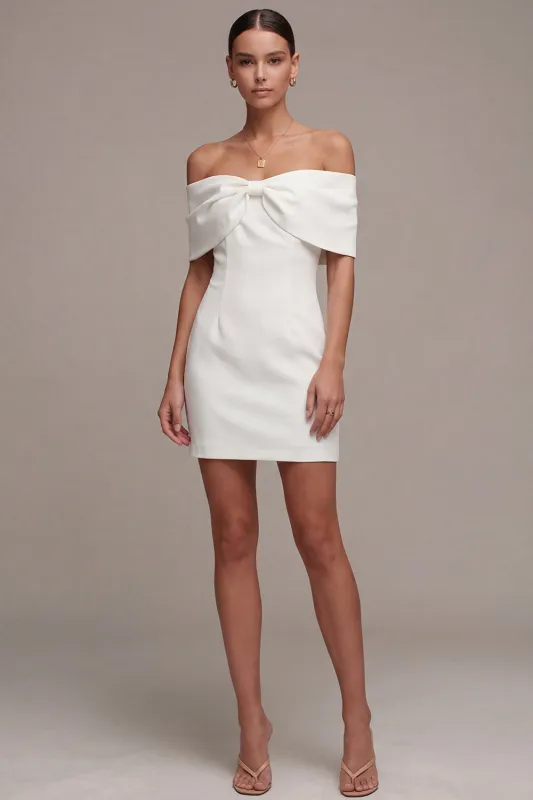 White Off the Shoulder Bodycon Short Wedding Dress with Bow made by Zapaka