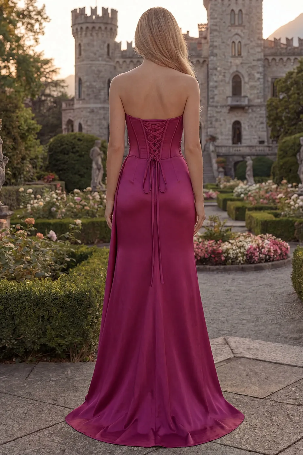 Strapless Burgundy Mermaid Corset Long Satin Prom Dress with Slit sold by Zapaka product image thumbnail 2