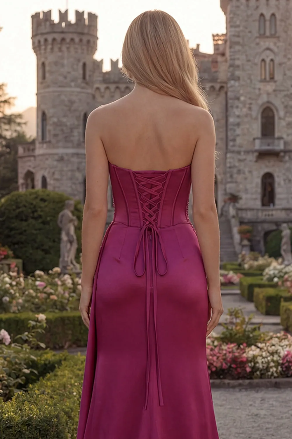 Strapless Burgundy Mermaid Corset Long Satin Prom Dress with Slit sold by Zapaka product image thumbnail 4
